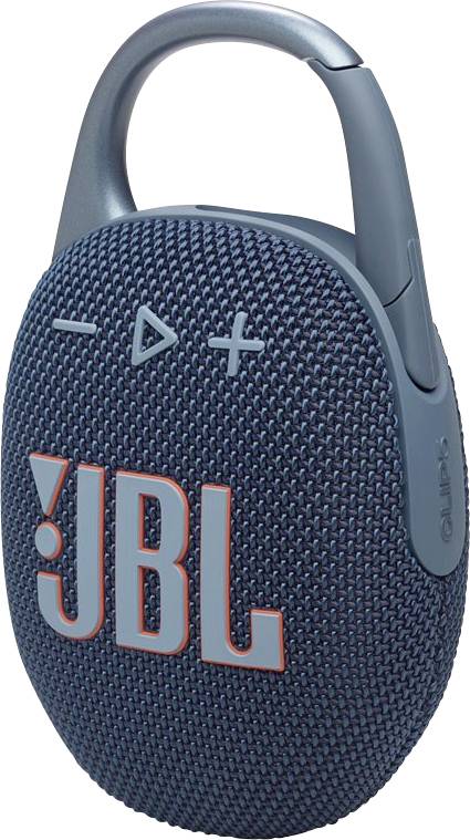 Přenosný modrý reproduktor s připevněným karabinou a ovládacími tlačítky nahoře, s výrazně zobrazeným logem 'JBL'.