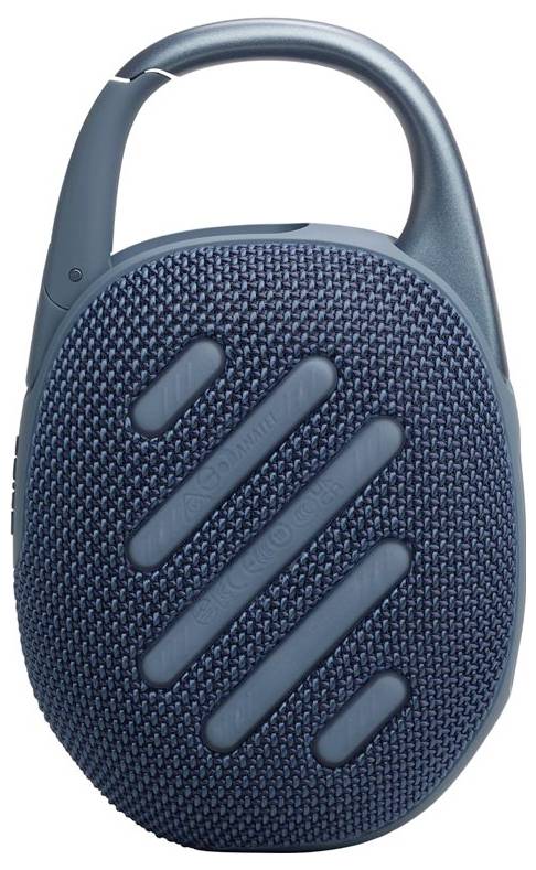 Přenosný, oválný modrý bluetooth reproduktor s texturovaným povrchem čela a připevněným karabinkem pro snadné nošení.