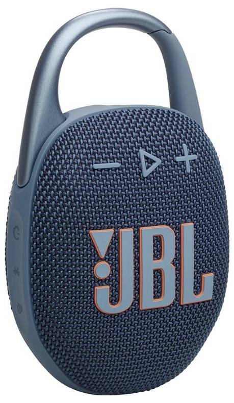 Přenosný modrý bezdrátový reproduktor JBL s designem tkanému mřížky, tlačítky pro přehrávání/pozastavení a ovládání hlasitosti a vestavěnou smyčkovou rukojetí.