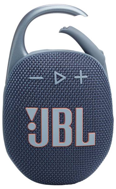 Přenosný modrý reproduktor JBL s texturovaným povrchem, integrovanou karabinovou sponou a ovládacími tlačítky pro přehrávání, zvýšení a snížení hlasitosti.