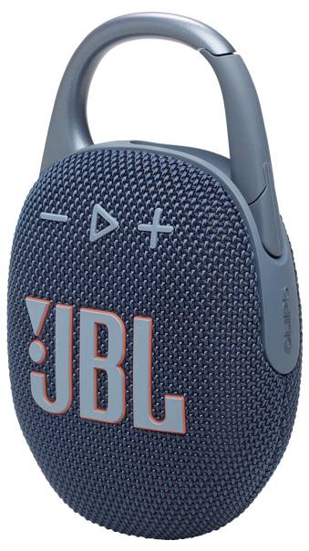 Modrý přenosný reproduktor JBL s tkaným povrchem a karabinkou, který má na přední straně tlačítka pro ovládání hlasitosti a přehrávání.