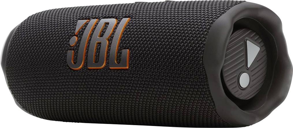 Přenosný reproduktor s černou textilní látkou a oranžovým logem 'JBL'. Na konci je pogumovaný ovládací panel s trojúhelníkovým symbolem pro přehrání/pozastavení.