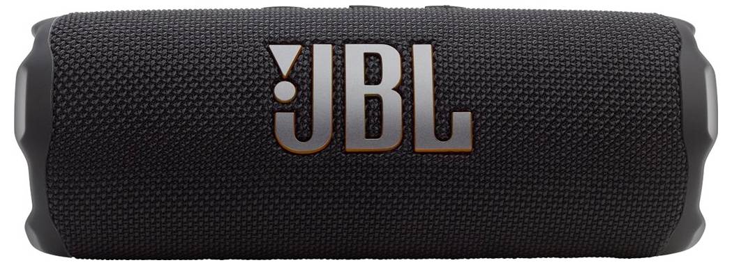 Černý přenosný Bluetooth reproduktor JBL s texturovaným povrchem, s výrazně zobrazeným logem JBL.