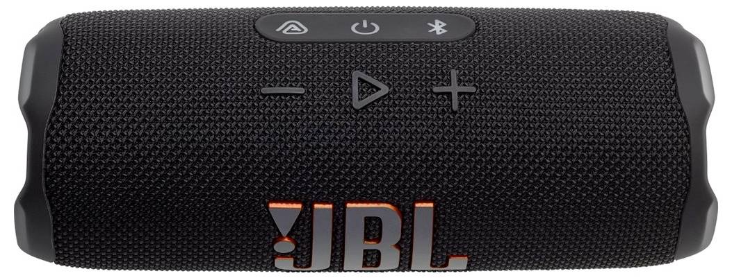Přenosný černý bluetooth reproduktor JBL s ovládacími a napájecími tlačítky navrchu.