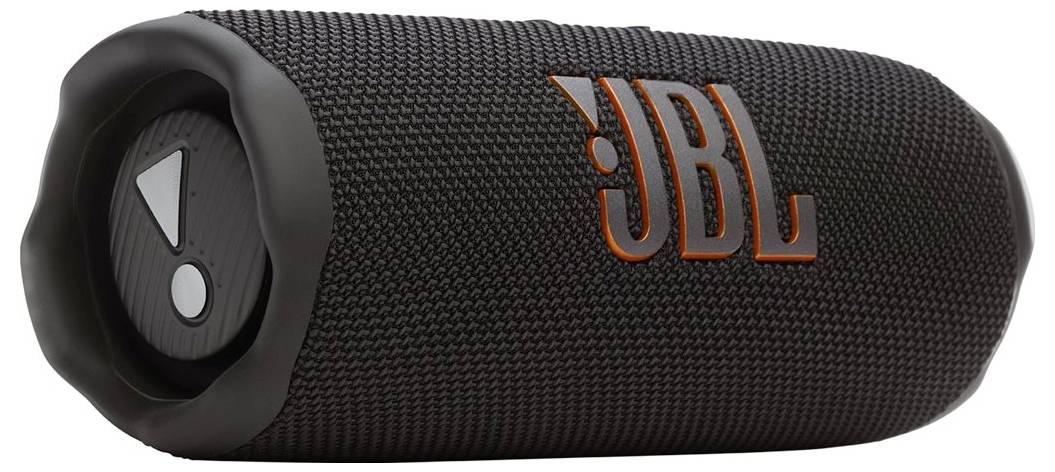 Přenosný černý reproduktor JBL Bluetooth s texturovaným povrchem, na jehož boku je umístěno oranžové logo JBL.