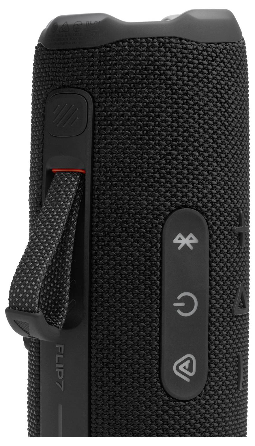 Válcový černý bluetooth reproduktor s texturovaným potahem z tkaniny, ovládacími tlačítky a nosným popruhem.