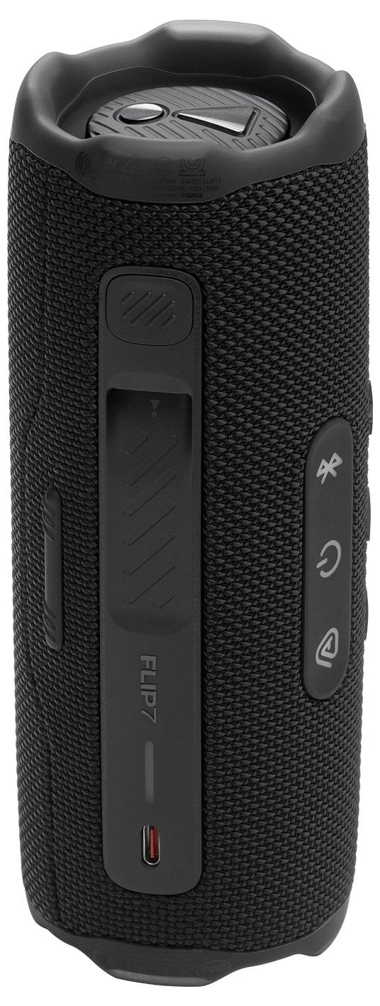 Přenosný bluetooth reproduktor v černé barvě, s ovládacími tlačítky na boku pro zapnutí/vypnutí, bluetooth připojení, hlasitost a přehrávání/pozastavení.