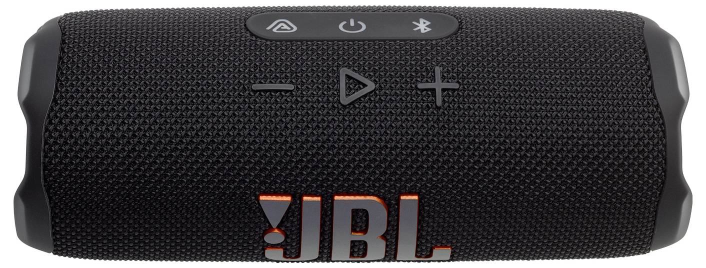 Černý přenosný bluetooth reproduktor JBL s ovládacími tlačítky na horní straně pro zapnutí/vypnutí, bluetooth, hlasitost a přehrávání/pozastavení.