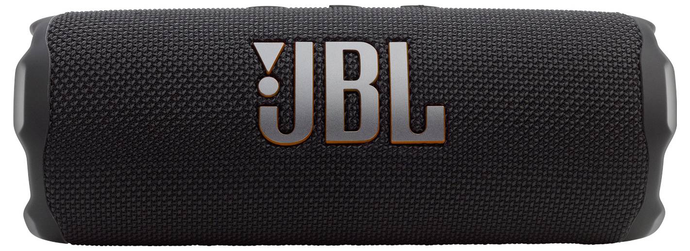 Černý přenosný bluetooth reproduktor JBL s texturovaným povrchem a logem JBL výrazně zobrazeným v oranžové barvě na přední straně.