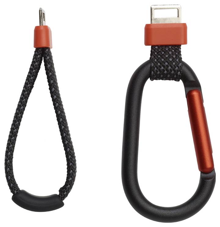 Dva přívěsky na klíče; vlevo: pletená smyčka s černou rukojetí a červeným zakončením, vpravo: černá karabina s červeným akcentem a USB konektorem.