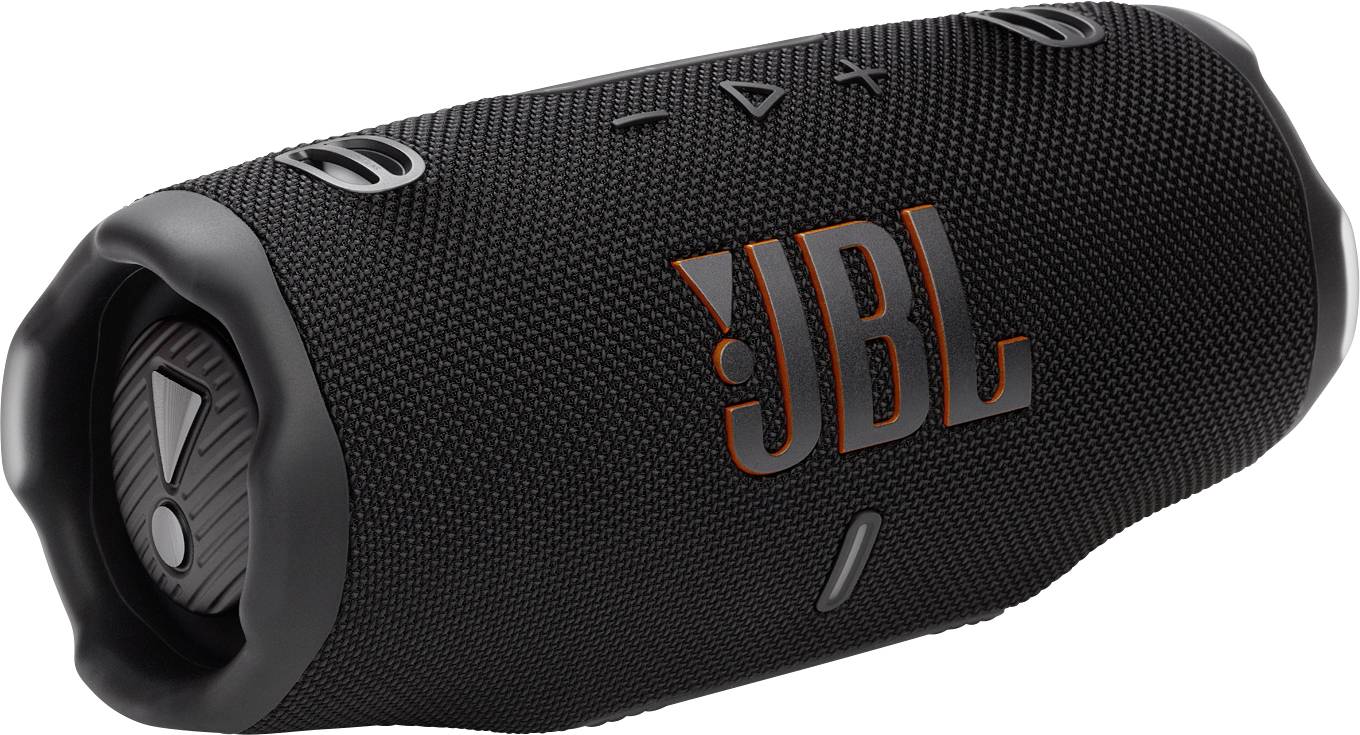Černý přenosný Bluetooth reproduktor s logem 'JBL' v oranžové barvě, s textilní texturou a válcovitým designem s ovládacími tlačítky na horní straně.