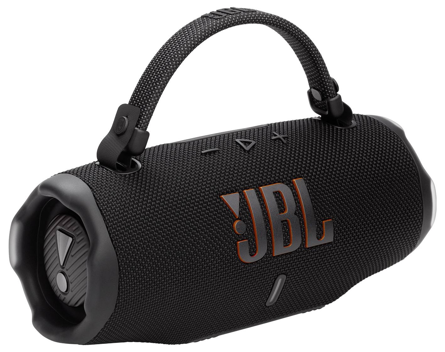 Přenosný černý reproduktor s oranžovým logem 'JBL', vybavený tkaným uchem a snadno dostupnými ovládacími tlačítky na horní straně.