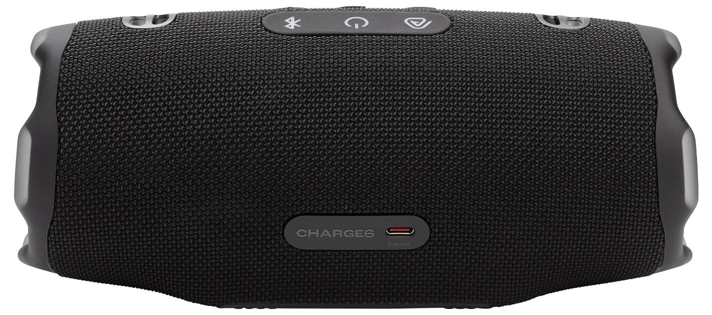 Černý přenosný Bluetooth reproduktor s ovládacími tlačítky na horní straně, včetně symbolů napájení a Bluetooth, a nabíjecím portem na spodní straně.