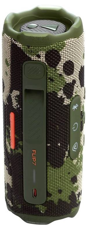 Přenosný bluetooth reproduktor s maskáčovým designem, vybavený tlačítky pro hlasitost, zapínání a připojení, s označením 'Flip7'.