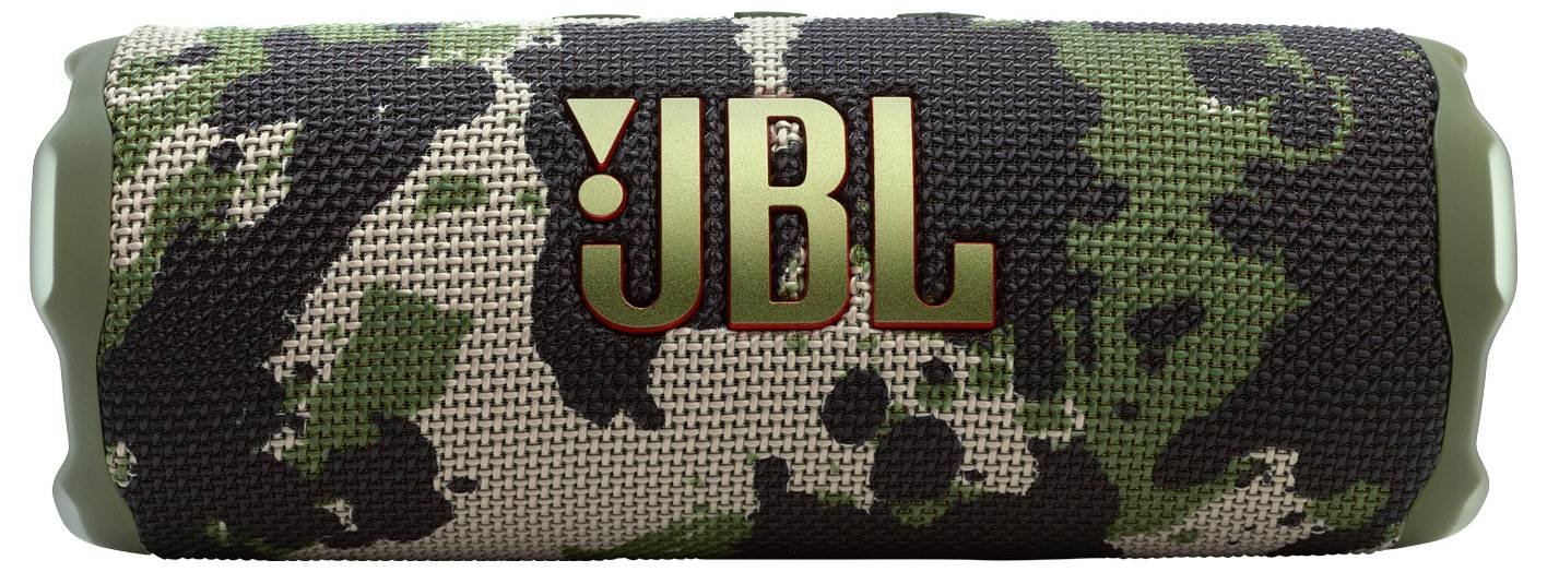 Reproduktor JBL v maskáčovém designu s výrazným logem JBL na přední straně.