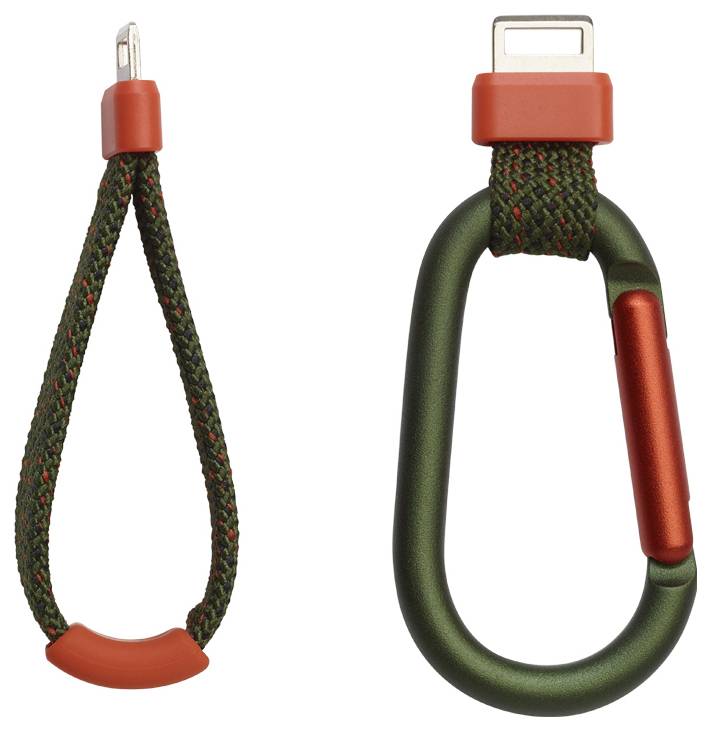 Propletená smyčka a karabinový přívěsek na klíče, každý s USB konektorem, s zelenými a červenými akcenty, navržený pro technické použití.