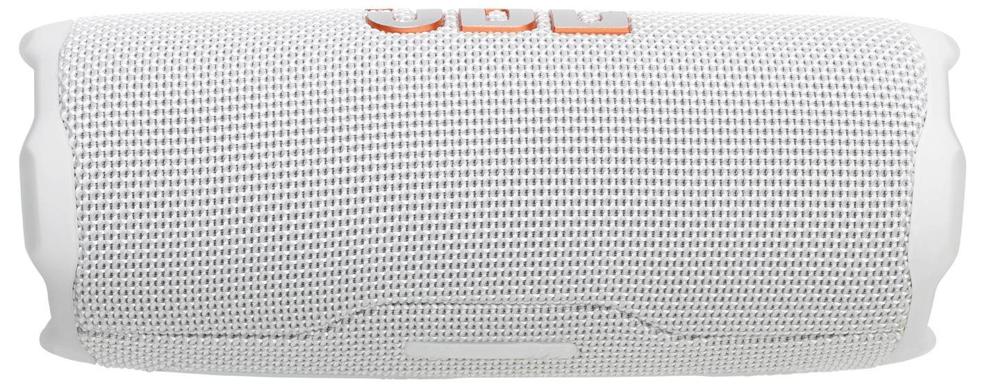 Bílý přenosný Bluetooth reproduktor s texturovanou mřížkou a oranžovým nápisem na horní straně, určený pro bezdrátový přenos hudby.