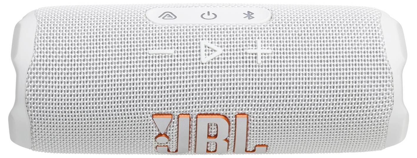 Bílý válcový přenosný bluetooth reproduktor s ovládacími tlačítky nahoře, na kterém je zobrazeno firemní logo 'JBL' v oranžové barvě.