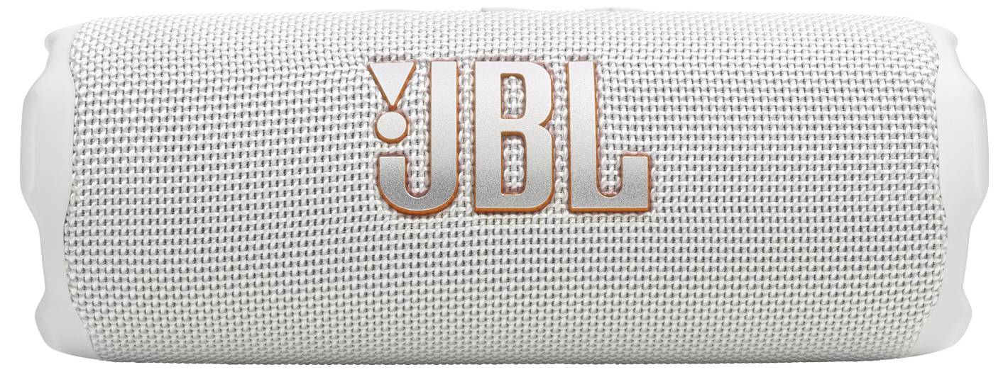Bílý přenosný reproduktor s texturovaným povrchem zobrazuje velké logo 'JBL' v oranžové barvě, což výrazně označuje název značky.