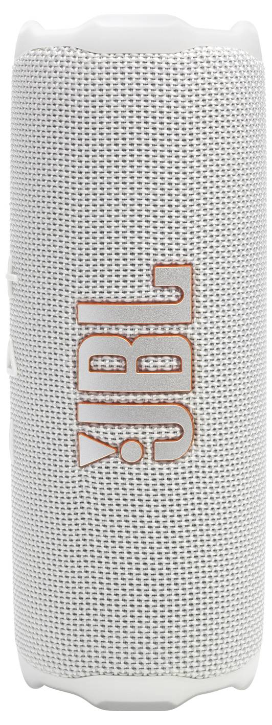 Přenosný Bluetooth reproduktor s bílým síťovaným povrchem a oranžovým logem JBL. Disponuje válcovitým designem pro prostorový 360stupňový zvuk.