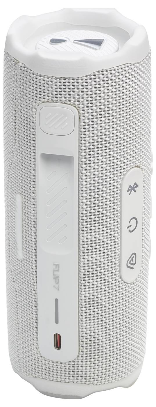 Válcový přenosný Bluetooth reproduktor s bílým síťovaným povrchem a ovládacími tlačítky na straně, včetně ikon napájení a přehrávání.