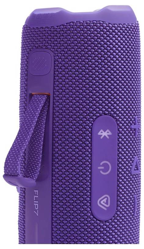 Fialový přenosný Bluetooth reproduktor s ovládacími tlačítky na straně pro hlasitost, napájení a připojení Bluetooth.