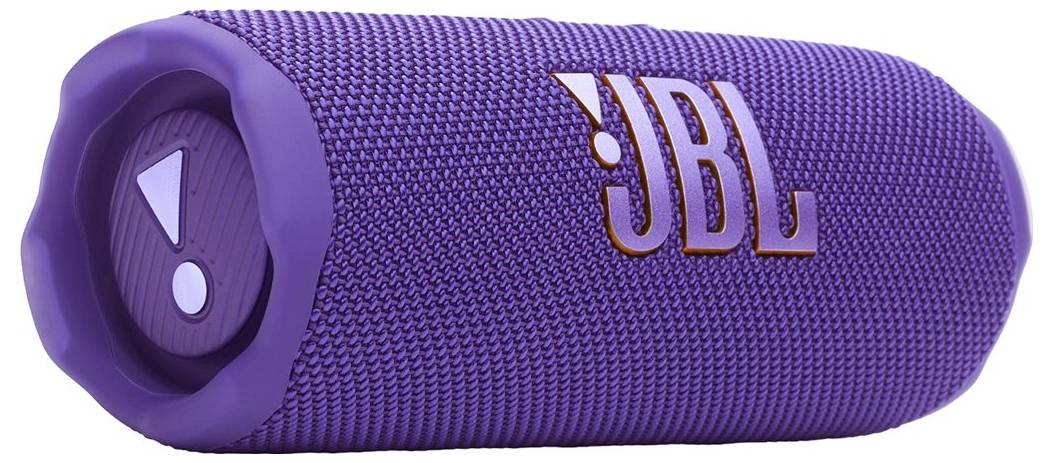 Přenosný fialový Bluetooth reproduktor JBL s texturovaným povrchem a ovládacím tlačítkem na straně. Používá se pro bezdrátový přenos audia.