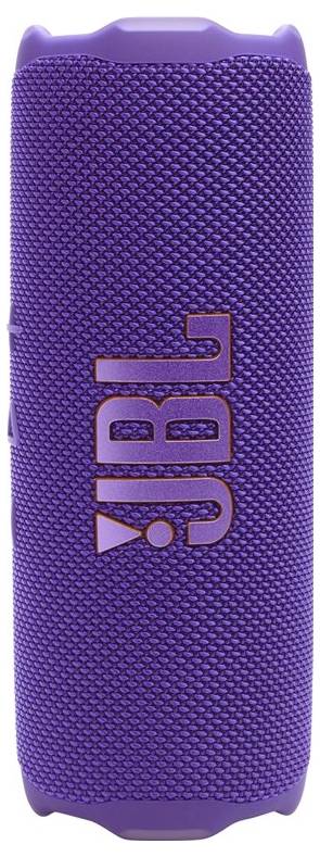 Fialový přenosný bluetooth reproduktor s texturovaným potahem a logem značky v oranžové barvě.
