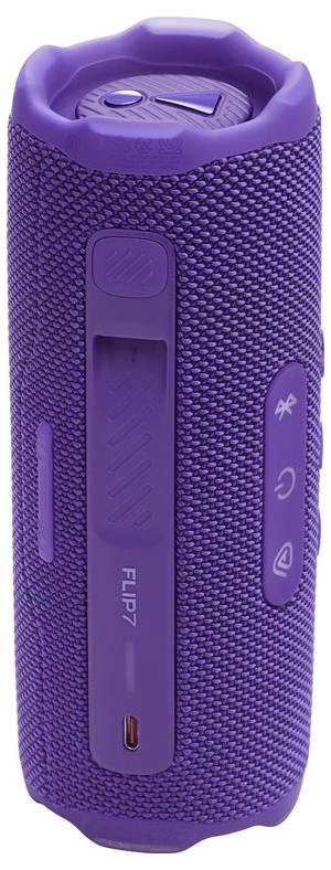 Fialový přenosný bluetooth reproduktor s vnějším povrchem z tkaniny a ovládacími tlačítky na straně, navržený pro venkovní použití.