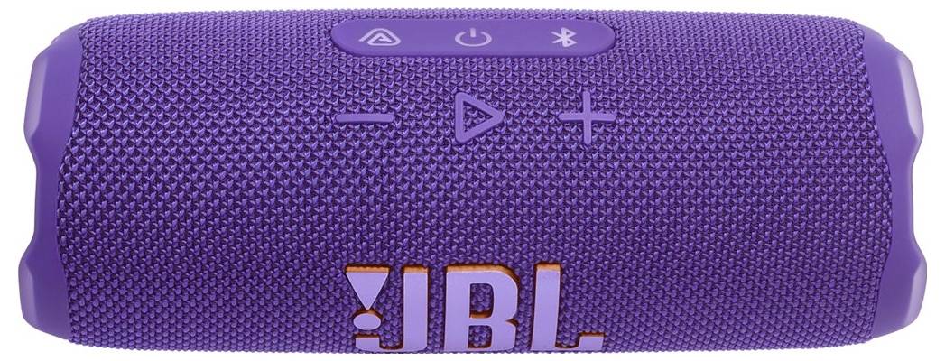 Fialový bluetooth reproduktor JBL s ovládacími tlačítky napájení, přehrávání a hlasitosti na horní straně.