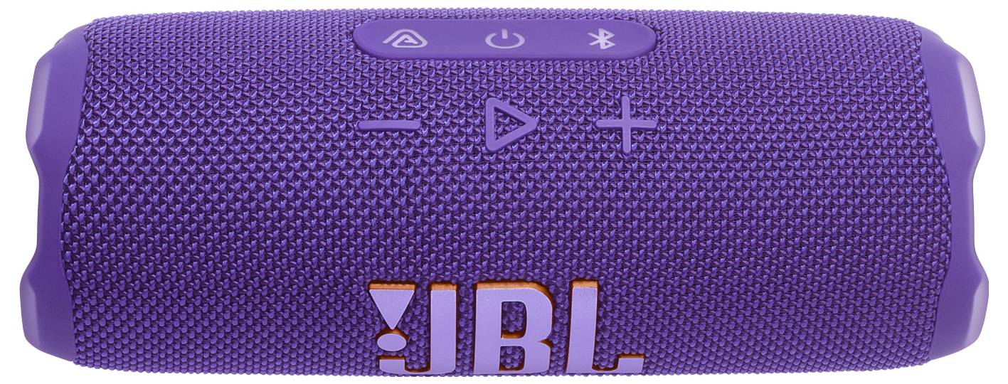 Fialový přenosný reproduktor JBL s ovládacími tlačítky včetně hlasitosti, přehrávání a symbolu Bluetooth na horní ploše.