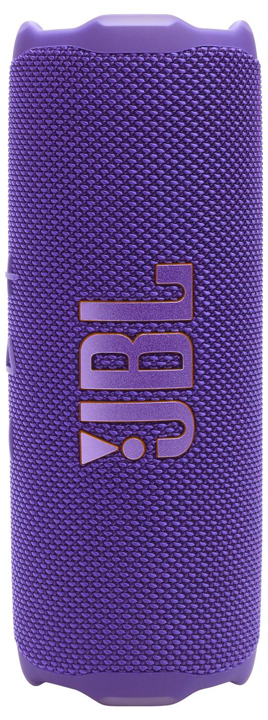 Fialový přenosný reproduktor s texturovaným textilním povrchem zobrazuje logo 'JBL' v oranžové barvě a ukazuje tak svou značku a design.