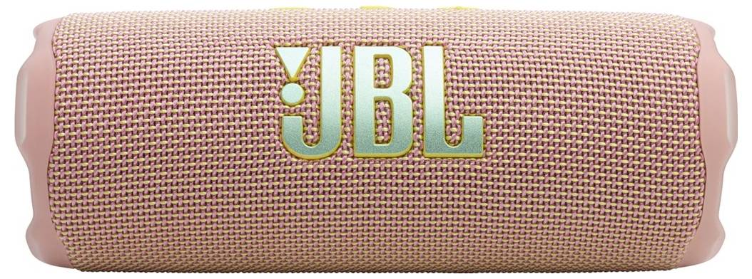Přenosný růžový bluetooth reproduktor s logem 'JBL' v světle zelené barvě na přední straně, vybavený tkaným textilním potahem.