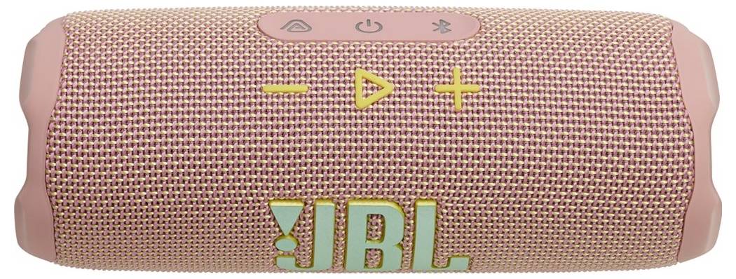 Přenosný růžový Bluetooth reproduktor JBL s ovládáním napájení a hlasitosti na horní straně.