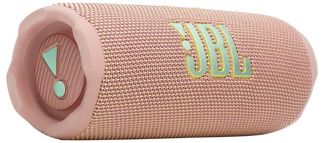 Přenosný bluetooth reproduktor v růžové barvě s texturovaným síťovaným povrchem, na jehož boku je výrazné zelené nápisy 'JBL'.
