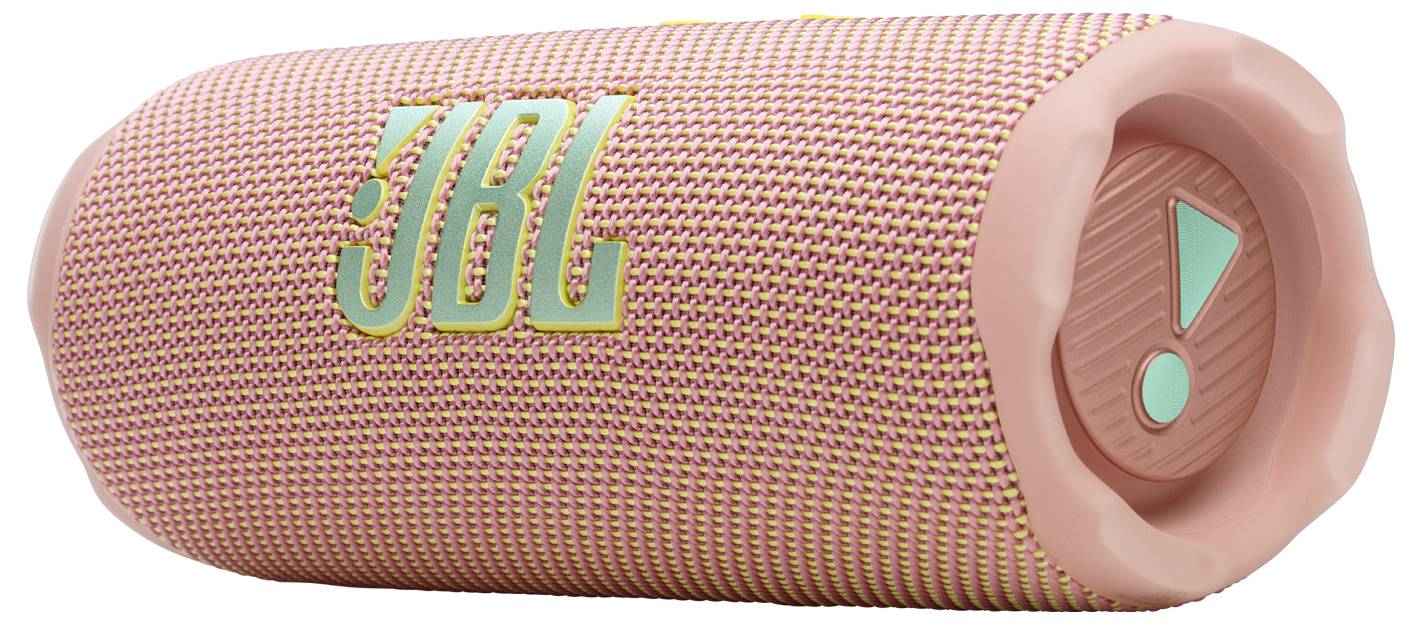Růžový válcovitý Bluetooth reproduktor s texturovaným vzorem, který má zelené logo 'JBL' a růžový pogumovaný ovládací panel na boku.