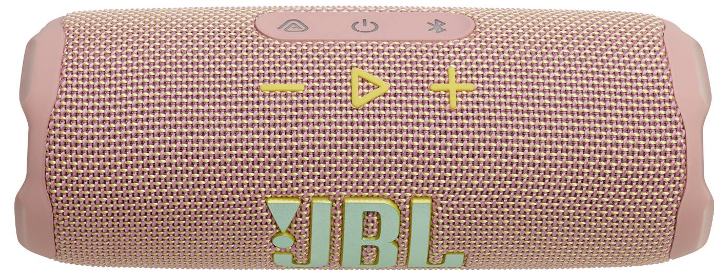 Přenosný bluetooth reproduktor v růžové barvě od značky JBL se ovládacími tlačítky pro hlasitost, přehrávání a napájení na horním povrchu.