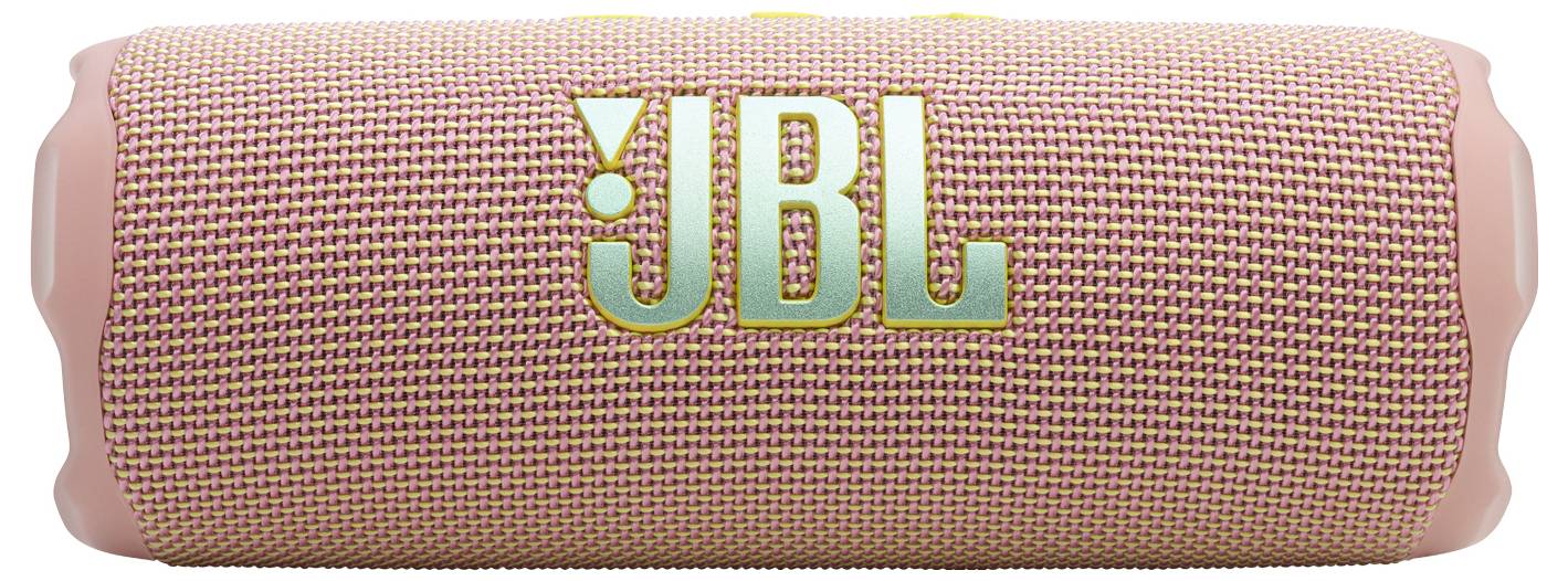 Přenosný reproduktor JBL v růžové barvě s texturovaným látkových povrchem a logem JBL vytištěným výrazným písmem na přední straně.