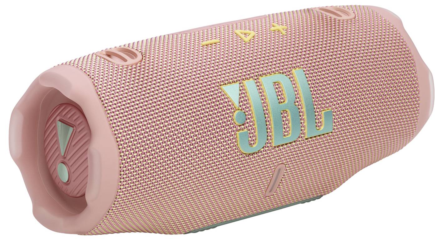 Přenosný reproduktor s růžovým síťovaným designem, s velkým logem 'JBL'. Na horní straně jsou vyzdvižená tlačítka včetně ovládání přehrávání, hlasitosti a napájení.