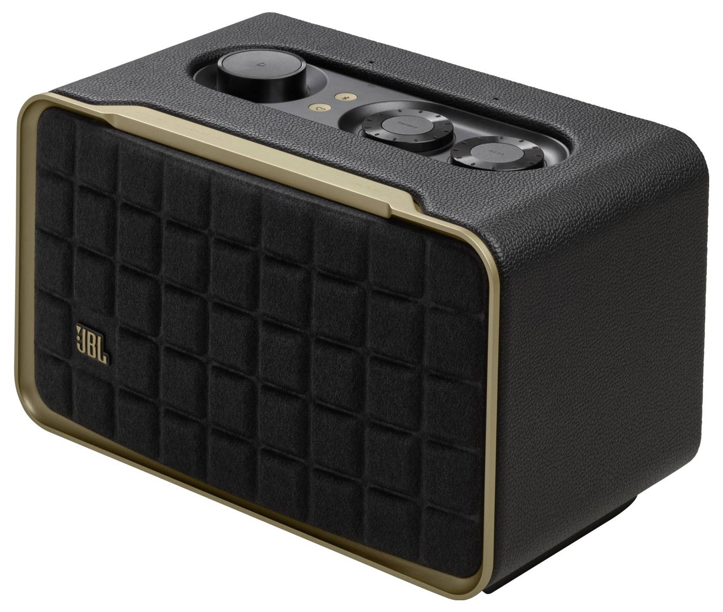 Černý a zlatý přenosný reproduktor s retro designem, který má na horní straně ovládací knoflíky a tlačítka a logo 'JBL' na přední straně.