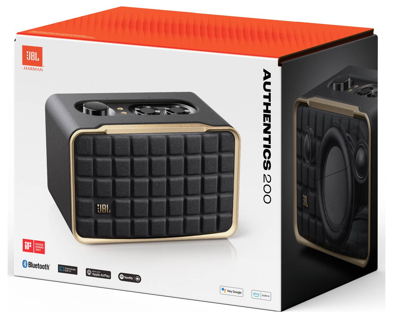 Krabice produktu reproduktoru JBL Authentics 200, která zobrazuje obrázek reproduktoru s retro designem a označená logy technologií Bluetooth a dalšími technologickými logy.