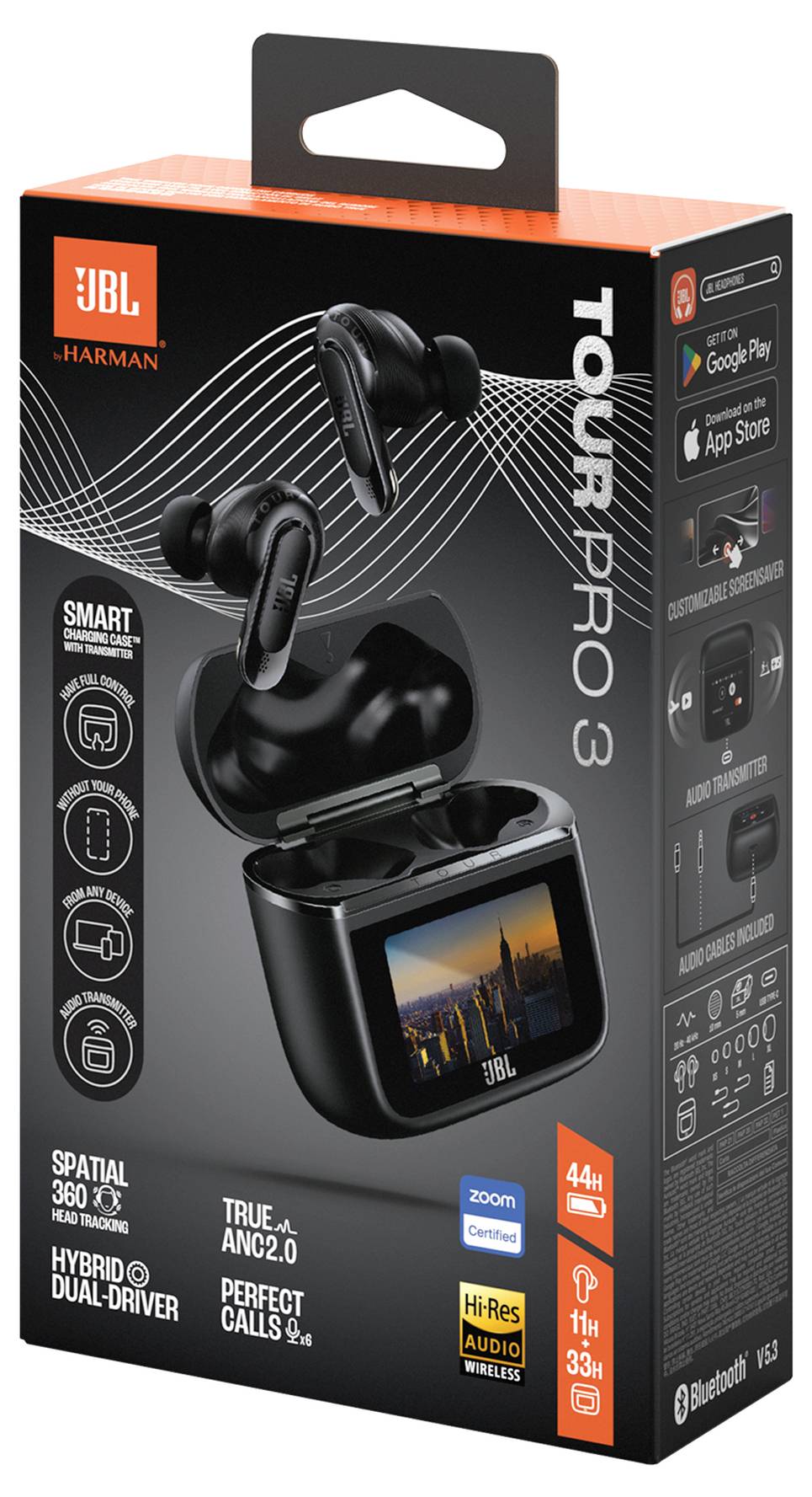 Krabice sluchátek JBL Tour Pro 3 s obrázky sluchátek a nabíjecího pouzdra. Prezentované funkce zahrnují Spatial 360, Hybridní duální měniče a True ANC 2.0.