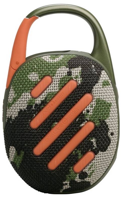 Přenosný reproduktor s designem karabiny, s maskáčovým vzorem v zelené, černé a bílé barvě s oranžovými akcenty.