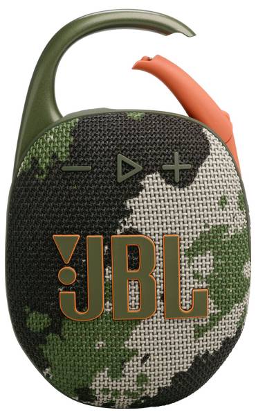 Přenosný reproduktor s maskáčovým vzorem, který nese logo 'JBL' v oranžové a zelené barvě, s ovládacími tlačítky nahoře a karabinou pro připevnění.