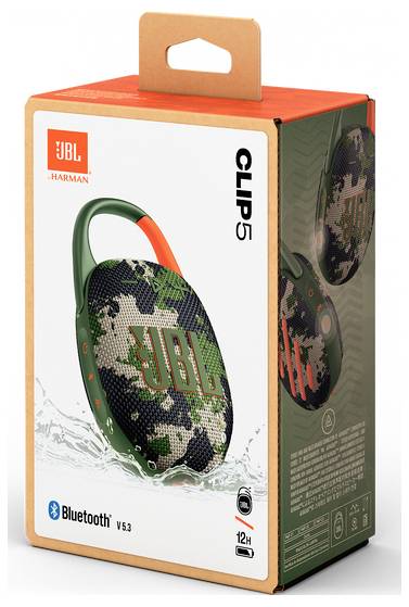 Krabice obsahující přenosný reproduktor JBL Clip 5 v maskáčovém designu. Text zvýrazňuje Bluetooth V5.3 a výdrž baterie 12 hodin.