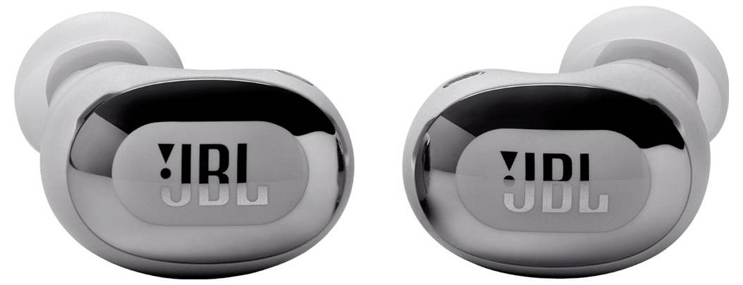 Dvě černobílé bezdrátové sluchátka s logem 'JBL', zobrazující elegantní, moderní design na jednoduchém pozadí.