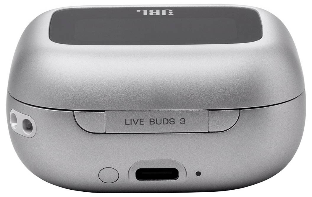 Stříbrné pouzdro pro nabíjení sluchátek označené "LIVE BUDS 3" s portem USB-C, LED indikátorem a tlačítkem na přední straně.