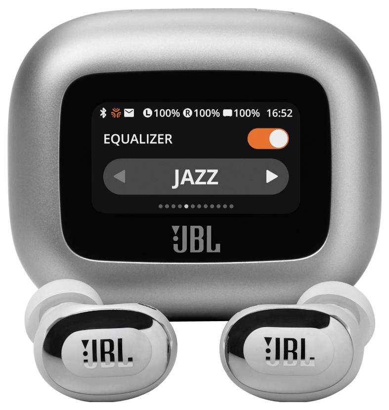 Bezdrátové sluchátka JBL s nabíjecím pouzdrem zobrazující 'Ekvalizér: Jazz' na obrazovce, baterie je na 100 % a čas je 16:52.