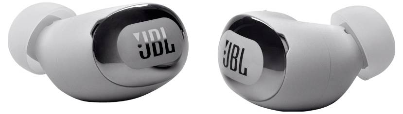 Bílé bezdrátové sluchátka JBL s lesklým povrchem, umístěné vedle sebe.