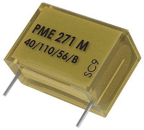 Žlutá obdélníková elektronická komponenta označená štítkem 'PME 271 M 40/110/56/B' se dvěma kovovými vývody.